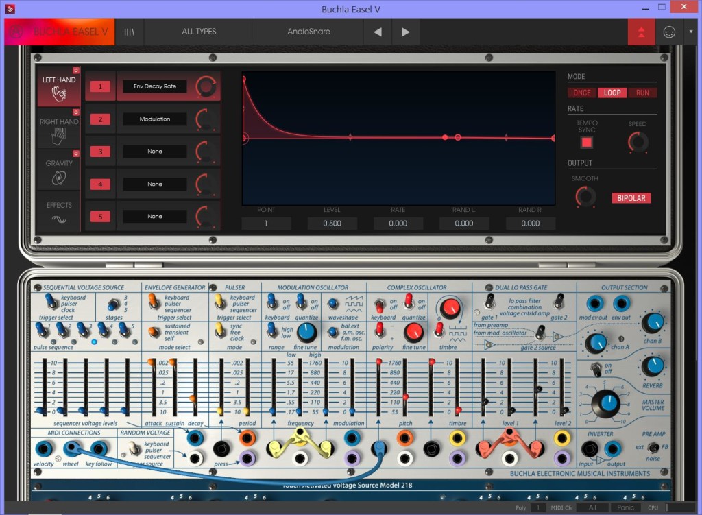 Schermata estesa del Buchla Easel V con visualizzata in alto la modalità Left Hand